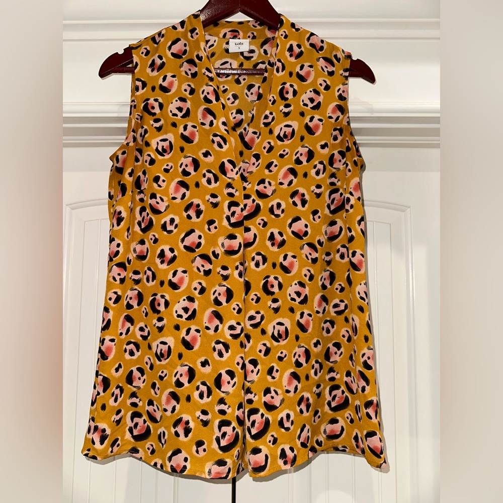CAbi Prowl Sleeveless Top Small Sunset Leopard Burnt Orange Pink Black Accents